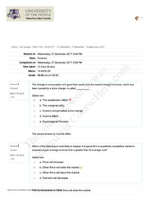 Preview of BUS 1103  Graded Quiz Unit 6 Scored 19/20. Correct Answers Indictaed | University of the P