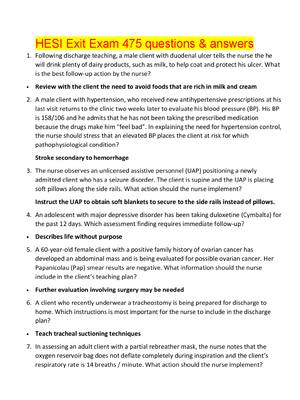 Preview of HESI  Exit exam 475 questions & answers,100% CORRECT