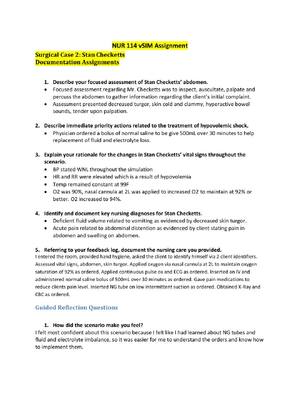 Preview of NUR 114 vSIM Assignment Surgical Case 2: Stan Checketts Documentation Assignments (answere