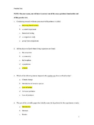 Preview of BIO 181 Practice Exam 1 Key  Correct Study Guide, North Carolina State University