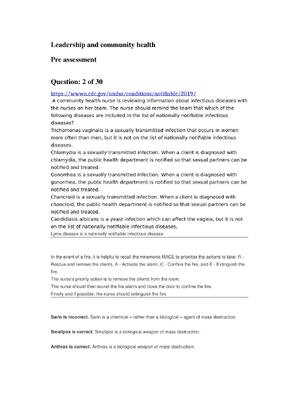 Preview of Leadership and Community health Pre assessment Questions and answers  GRADED A+