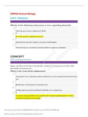 Preview of SOPHIA Human Biology Unit 6 – Milestone | Already Graded A