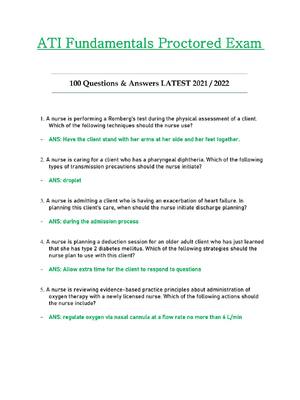 Preview of ATI Fundamentals Exam | 100 Questions and Answers