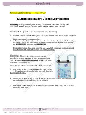 Preview of Student Exploration: Colligative Properties GIZMOS | boiling point, colligative property,