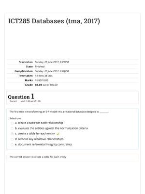 Preview of ICT 285 Databases Grade 88.89 out of 100.00