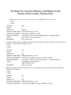 Preview of Test Bank for Consumer Behavior, 2nd Edition, Frank Kardes, Maria Cronley, Thomas Cline.
