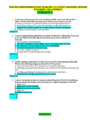 Preview of HESI RN COMPREHENSIVE EXIT EXAM  Compiled 14 Versions  Answers and cheat sheets in  Pages