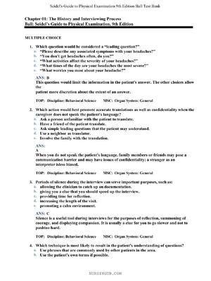 Preview of TEST BANK for Seidel's Guide to Physical Examination: An Interprofessional Approach 9th Ed