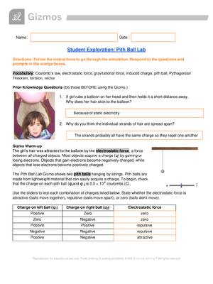 Preview of PHYSICS Pith Ball Lab Gizmos Student Exploration: Pith Ball Lab Answer Key