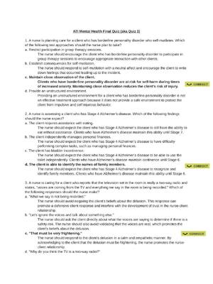Preview of ATI Mental Health Final Quiz (aka Quiz 3) Contains 50 Questions & Answers