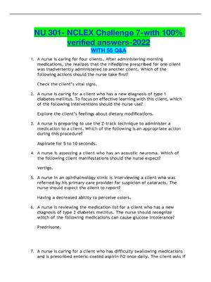 Preview of NU 301 NCLEX Challenge 7-with 100% verified answers