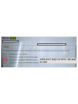 Preview image for HESI EXIT RN V5 Exam Prep from 2022 I Contains 160 REAL EXAM Most Teated Q&A