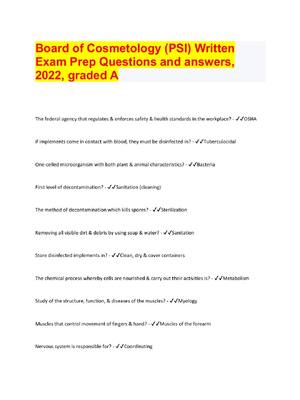 Preview of Board of Cosmetology (PSI) Written Exam Prep Questions and answers graded A