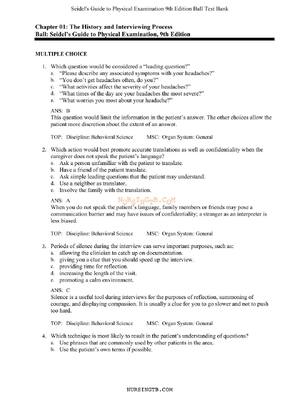 Preview of TEST BANK for Seidel's Guide to Physical Examination: An Interprofessional Approach 9th Ed