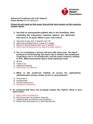 Preview of ACLS Exam Version A  questions with answers