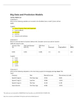 Preview of MA 321 Big Data and Prediction Models Quiz | MA 321 DATA ANALYSIS FOR BUSINESS APPLICATION