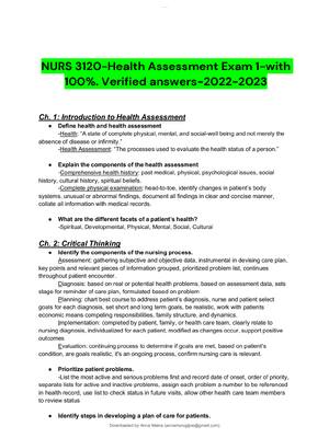 Preview of NURS 3120 Health Assessment Exam 1-with 100%. Verified answers