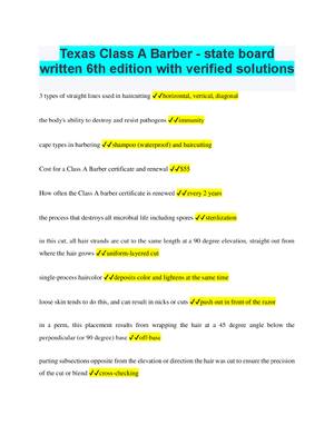 Preview of Texas Class A Barber - state board written 6th edition with verified solutions