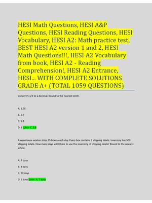 Preview of HESI TEST BANK V1 and V2 Contains over 1000 Q&A for Math, A&P , HESI Reading, Vocabulary,