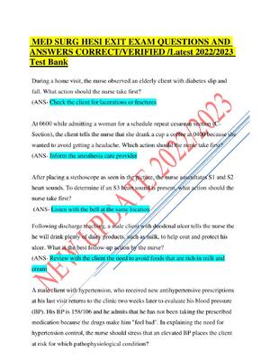Preview of MED SURG HESI EXIT EXAM QUESTIONS AND ANSWERS CORRECT/VERIFIED /Latest Test Bank