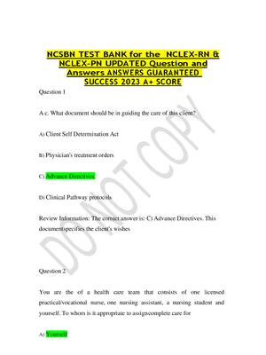 Preview of NCSBN TEST BANK for the  NCLEX-RN & NCLEX-PN UPDATED Question and Answers ANSWERS GUARANTE