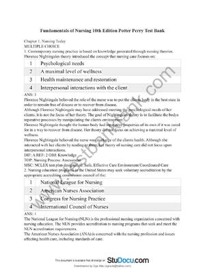 Preview of TEST BANK for Fundamentals of Nursing 10th Edition by Patricia A. Potter, Anne G. Perry