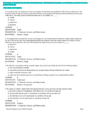 Preview of TEST BANK for Essentials of Statistics for the Behavioral Sciences, 10th Edition by Freder
