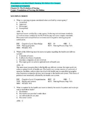 Preview of TEST BANK for Foundations and Adult Health Nursing, 8th Edition by Kim Cooper, Kelly Gosne