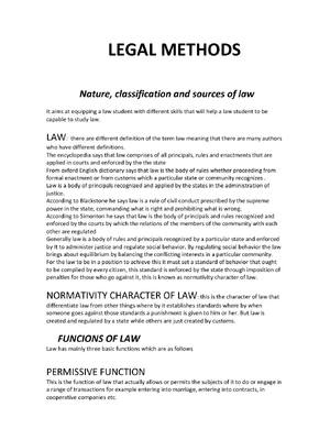 Preview of LEGAL METHODS Nature, classification and sources of law It aims at equipping a law student