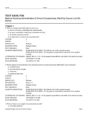 Preview of Test Bank for  Medical Assisting-Administrative & Clinical Competencies 9th Edition by Mic