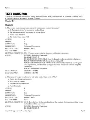 Preview of Test Bank For American Government and Politics Today, Enhanced Brief, 11th Edition by Stef