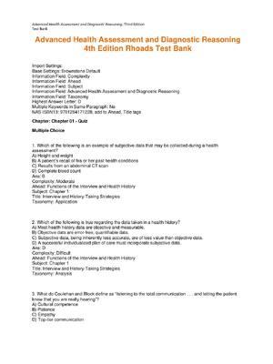 Preview of Test Bank for Advanced Health Assessment and Diagnostic Reasoning 4th Edition Rhoads All C