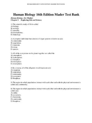 Preview of Test Bank for Human Biology 16th Edition Mader All Chapters