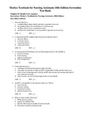 Preview of TEST BANK for Mosbys Textbook for Nursing Assistants 10th Edition Sorrentino All 60 Chapte