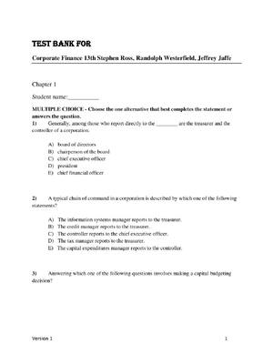 Preview of Test Bank for Corporate Finance 13th Stephen Ross, Randolph Westerfield, Jeffrey Jaffe