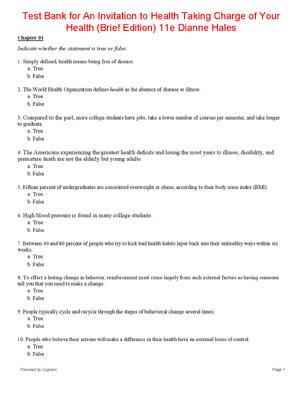 Preview of Test Bank for An Invitation to Health Taking Charge of Your Health (Brief Edition) 11th Ed