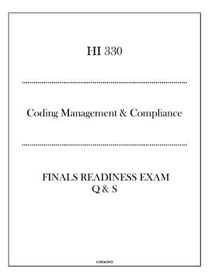 Preview of HI 330 Finals Readiness Exam Q & S (HU) -  (Coding Management & Compliance)
