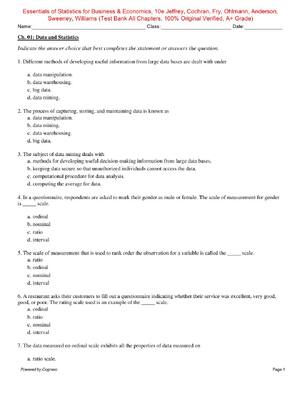 Preview of Test Bank for Essentials of Statistics for Business & Economics, 10th Edition by Jeffrey,