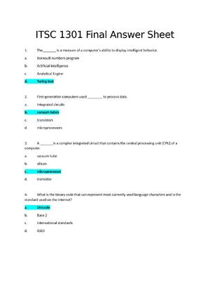 Preview of ITSC 1301 Introduction to Computers Exam Answer Sheet | Contains Highly Tested Q&A