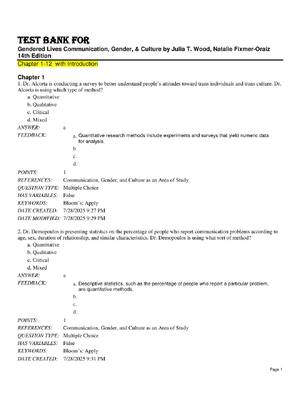 Preview of Test Bank For Gendered Lives Communication, Gender, & Culture by Julia T. Wood, Natal 14th