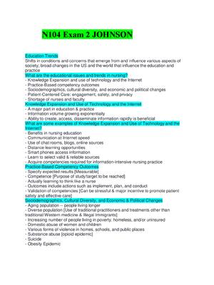 Preview of N104 Exam 2 JOHNSON 135 questions with actual answers 100% complete solution