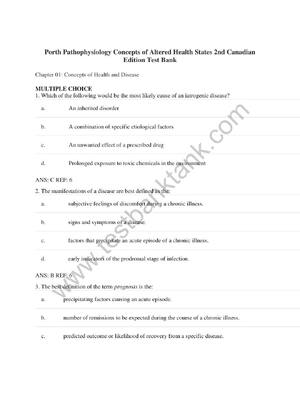 Preview of TEST BANK for Porth's Pathophysiology: Concepts of Altered Health States 2nd Canadian Edit