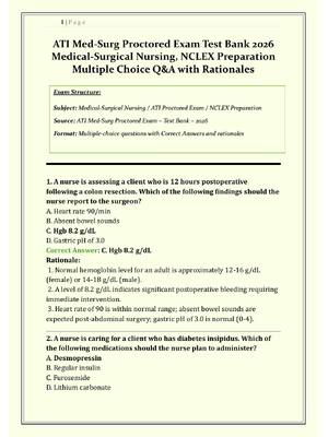 Preview of ATI Med-Surg Proctored Exam 2026/2027 | Next Generation NCLEX (NGN) Style Questions &amp; Answers | RN Adult Medical Surgical Proctored Assessment | Q &amp; A with Rationales | Grade A+