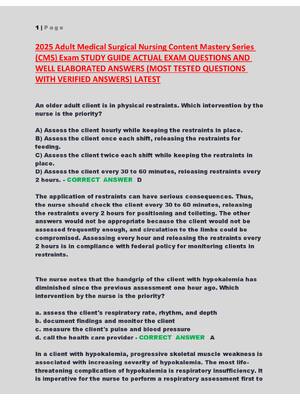 Preview of Content Mastery Series  (CMS) Exam Adult Medical Surgical Nursing STUDY GUIDE ACTUAL EXAM