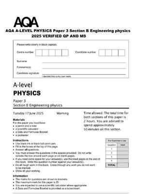 Preview of AQA A-LEVEL PHYSICS Paper 3 Section B Engineering physics  2025 VERIFIED QP AND MS