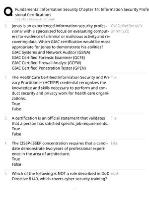 Fundamental Info Security Chapter 14 Information Security Professional Certifications / score 100% / 2025 update / exam prep