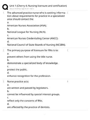 Preview of Unit 1 Cherry Chapter 4 Nursing Licensure and Certification / score 100% / 2025 update / N