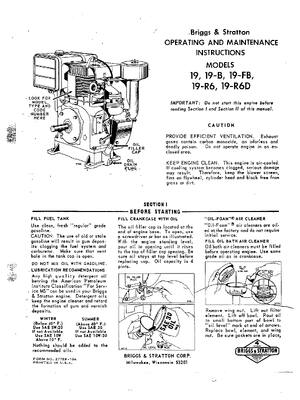 Preview of Briggs Stratton Model 19, 19-B, 19-FB, 19-R6, 19-R6D Operator Maint Manual