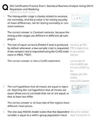 Preview of SAS Certification Practice Exam Statistical Business Analysis SAS 9 / score 100% / 2025 up