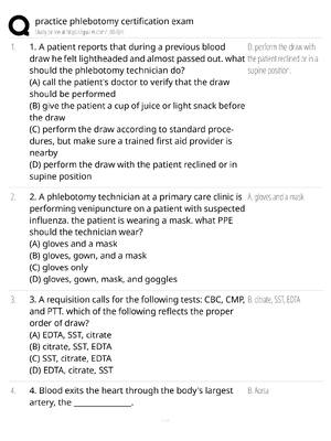 Preview of Practice Phlebotomy Certification Exam / score 100% / 2025 update / CPT test bank study gu